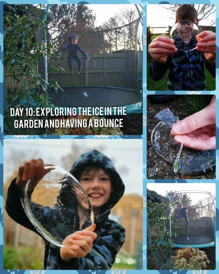 A collage of images of child playing with ice and trampolining