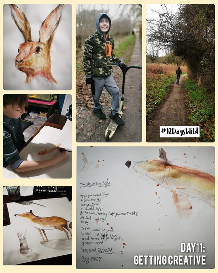 A collage of images of paintings of a hare and fox and child scooting on a path